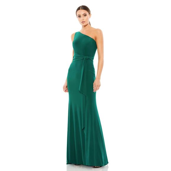 Mac Duggal Emerald Green One Shoulder Belted Jersey Gown Size 0 - Picture 1 of 7